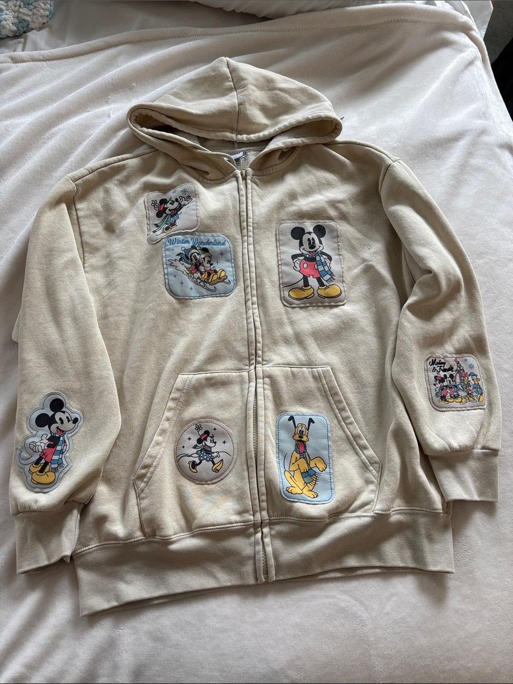 Disney Beige Mickey & Friends Patch Zip Hoodie